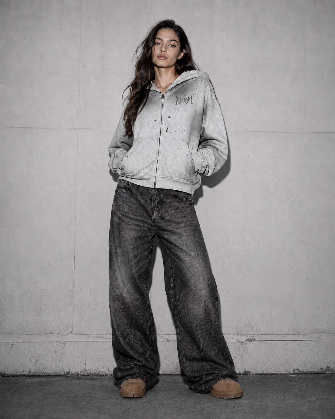 ZIONIC Sunfade Raw Edge Zip Hoodie